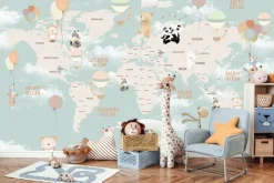 Fototapeta: Zielona mapa świata z balonami i zwierzętami