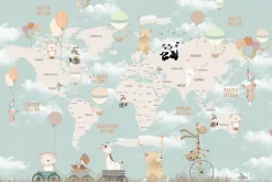 Fototapeta: Zielona mapa świata z balonami i zwierzętami