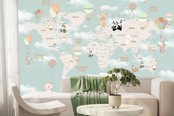 Fototapeta: Zielona mapa świata z balonami i zwierzętami