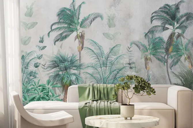 Fototapeta: Zielona roślinność dżungli na betonie