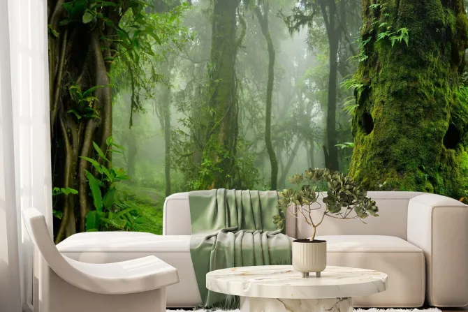 Fototapeta: Zielony las drzewa we mgle