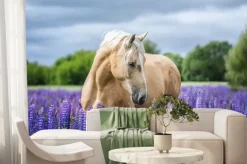 Fototapeta: Złocisty koń wśród kolorowych kwiatów natury