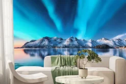 Fototapeta: Zorza polarna nad górami w islandii