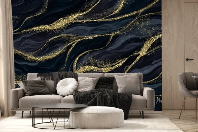 Fototapeta: Złotawe faliste linie na ciemnym tle elegancki wzór