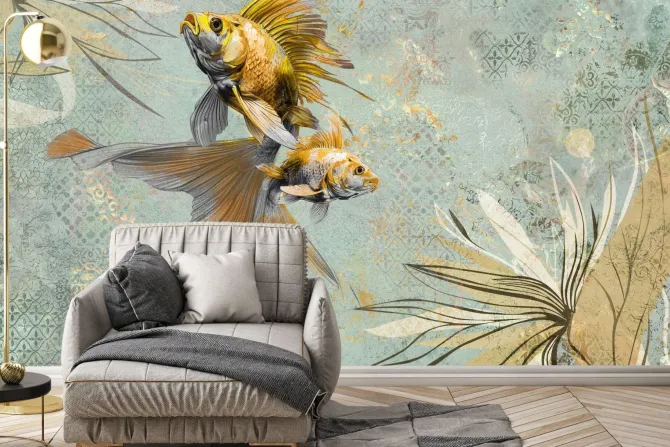 Fototapeta: Złote rybki z roślinami na vintage tle