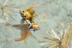 Fototapeta: Złote rybki z roślinami na vintage tle