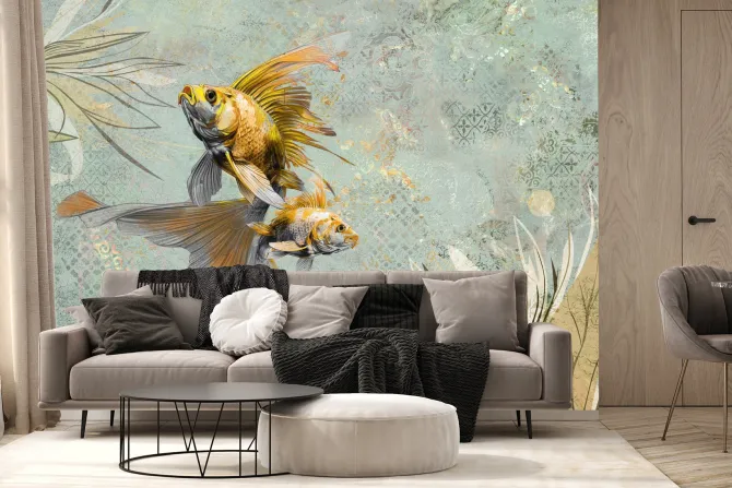 Fototapeta: Złote rybki z roślinami na vintage tle