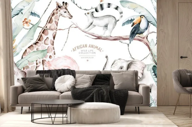 Fototapeta: Zwierzęta afrykańskie akwarela w pastelowych kolorach