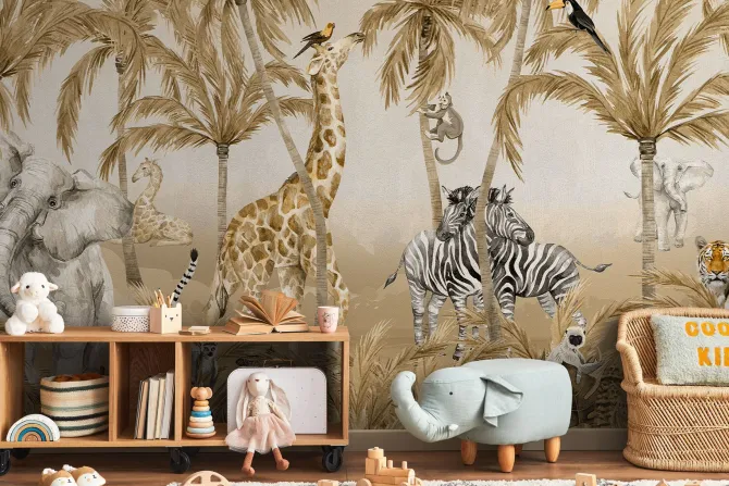 Fototapeta: Zwierzęta dżungli wśród drzew palm