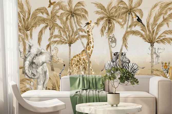 Fototapeta: Zwierzęta dżungli wśród drzew palm