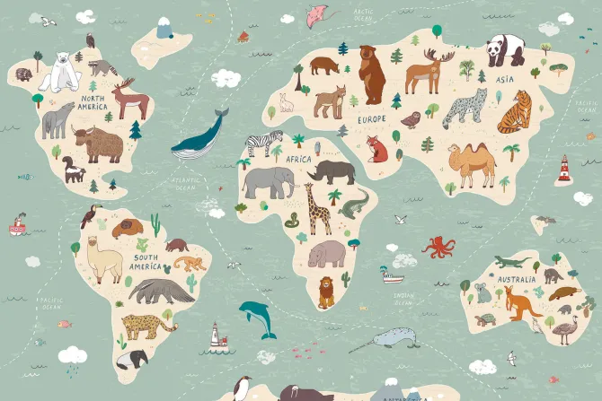 Fototapeta: Zwierzęta ręcznie rysowana mapa świata