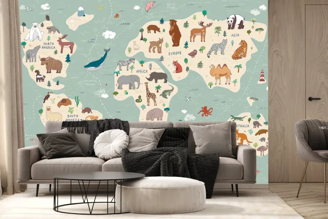 Fototapeta: Zwierzęta ręcznie rysowana mapa świata