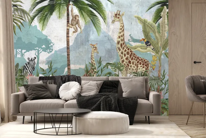 Fototapeta: Zwierzęta w tropikalnej dżungli z egzotycznymi roślinami