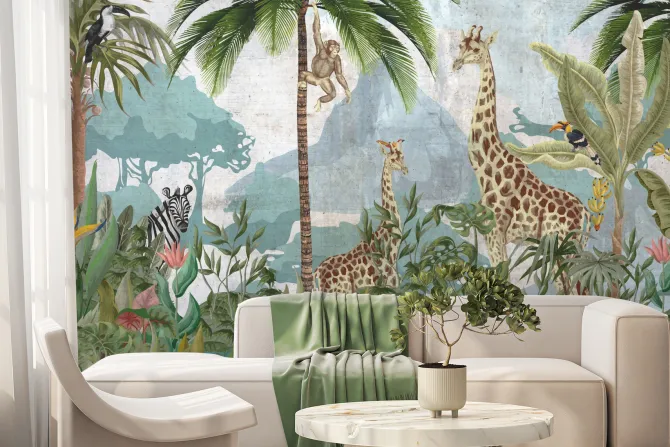 Fototapeta: Zwierzęta w tropikalnej dżungli z egzotycznymi roślinami