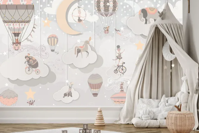 Fototapeta: Zwierzątka i baloniki w bajkowym świecie cyrku