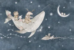 Fototapeta: Zwierzątka i wieloryb na tle nocnego nieba z księżycem