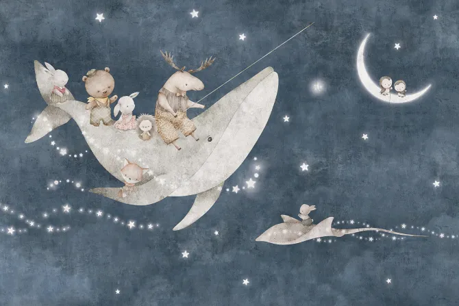 Fototapeta: Zwierzątka i wieloryb na tle nocnego nieba z księżycem