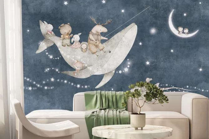 Fototapeta: Zwierzątka i wieloryb na tle nocnego nieba z księżycem