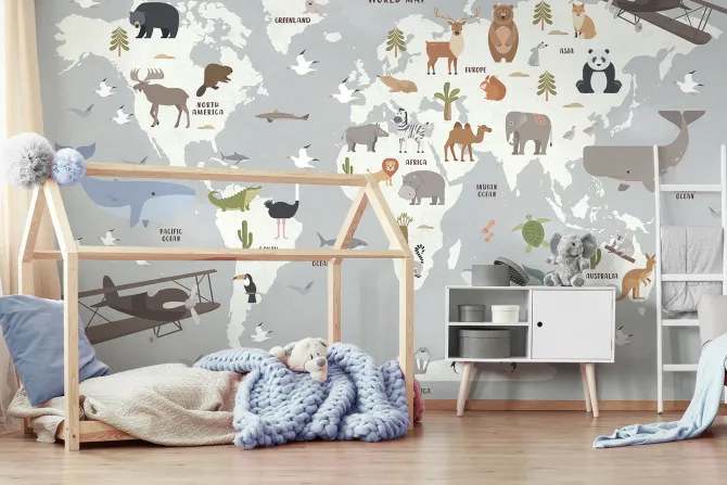 Fototapeta: Zwierzątka na mapie świata dla dzieci