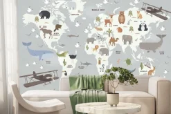 Fototapeta: Zwierzątka na mapie świata dla dzieci