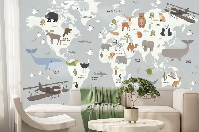 Fototapeta: Zwierzątka na mapie świata dla dzieci