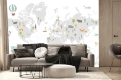 Fototapeta: Zwierzątka na szarej mapie świata dla dzieci