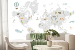 Fototapeta: Zwierzątka na szarej mapie świata dla dzieci