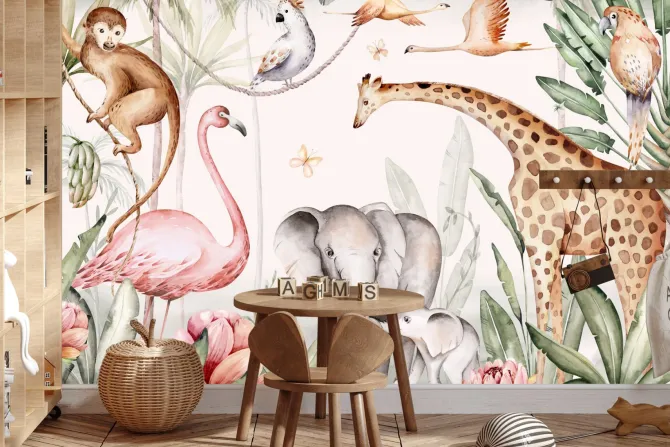 Fototapeta: Zwierzątka safari w tropikalnym lesie akwarela