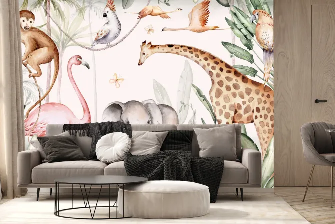 Fototapeta: Zwierzątka safari w tropikalnym lesie akwarela