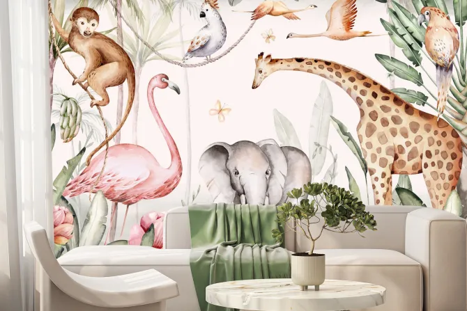 Fototapeta: Zwierzątka safari w tropikalnym lesie akwarela