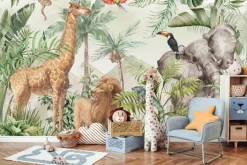 Fototapeta: Zwierzątka safari i egzotyczne ptaki w tropikalnej dżungli akwarela