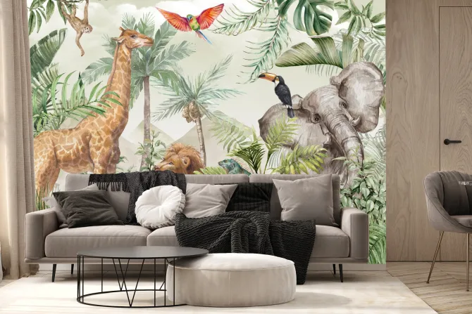 Fototapeta: Zwierzątka safari i egzotyczne ptaki w tropikalnej dżungli akwarela