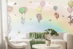 Fototapeta: Zwierzątka uniesione przez kolorowe balony