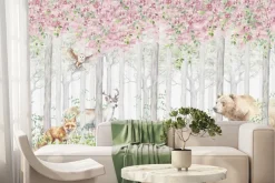 Fototapeta: Zwierzątka w bajkowym kwitnącym lesie akwarela