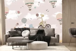 Fototapeta: Zwierzątka w pojazdach i balony na tle różowego nieba