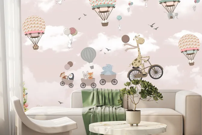 Fototapeta: Zwierzątka w pojazdach i balony na tle różowego nieba