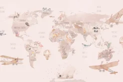 Fototapeta: Zwierzątka z różnych kontynentów na akwarelowej mapie świata