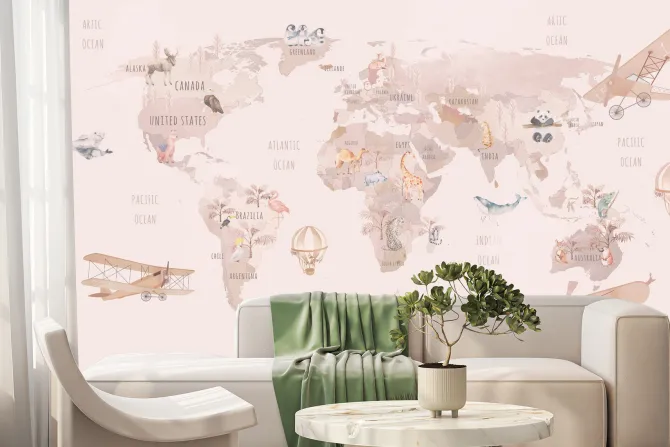 Fototapeta: Zwierzątka z różnych kontynentów na akwarelowej mapie świata