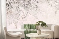 Fototapeta: Zwisające liście na tle marmurowej ściany