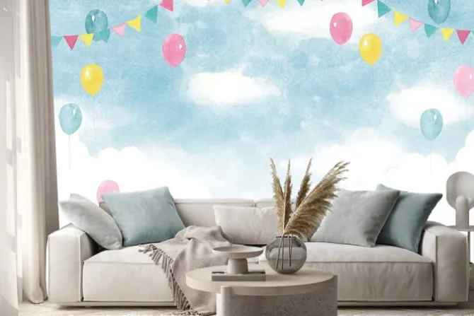 Naklejka: イベント背景 水彩イラスト 風船と空