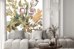 Naklejka: 3 białe tulipany i trawa akwarela na białym tle bezszwowe wzór