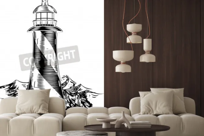 Naklejka: A lighthouse in a vintage lithograph style with rough waves behind