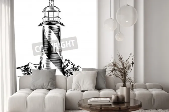 Naklejka: A lighthouse in a vintage lithograph style with rough waves behind