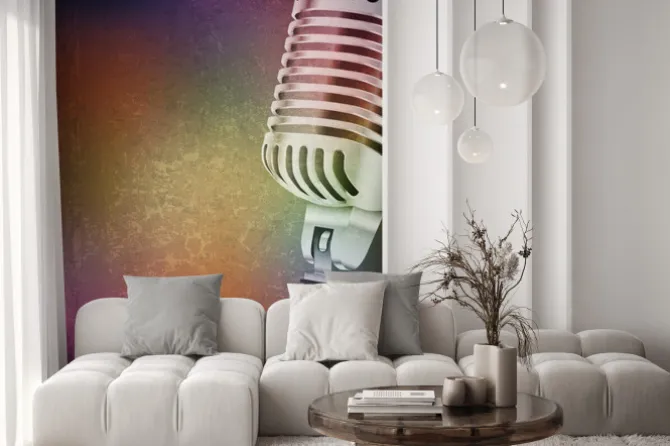 Naklejka: Abstract grunge background with retro microphone