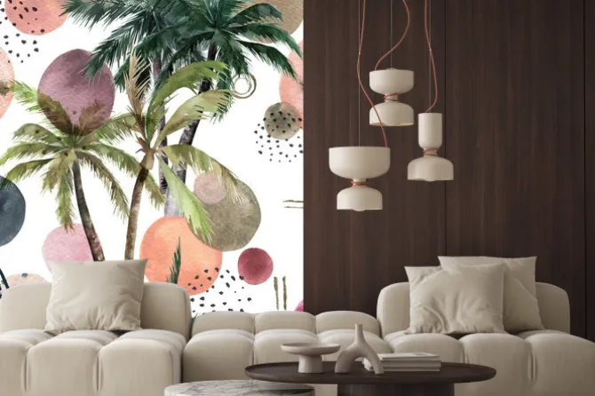 Naklejka: Abstract tropical pattern with palm trees. watercolor seamless