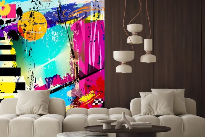 Naklejka: Abstrakcyjne tło z kwadratów, trójkątów, pociągnięcia pędzlem