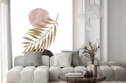 Naklejka: Abstrakcyjny liść z różowym kołem i kamieniem