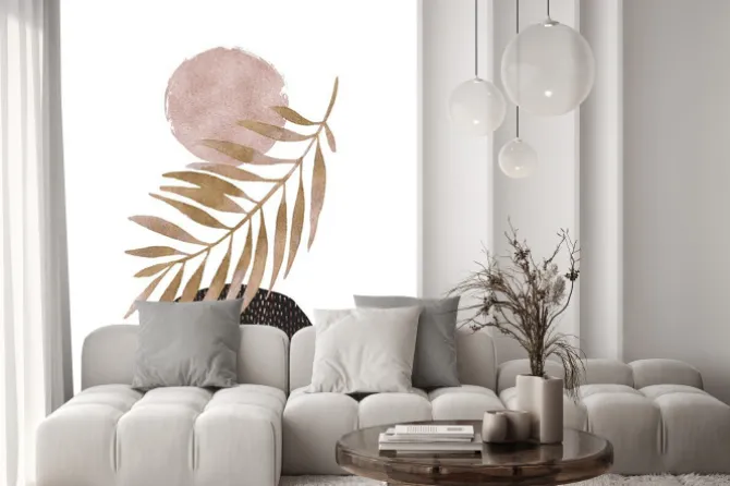 Naklejka: Abstrakcyjny liść z różowym kołem i kamieniem