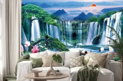 Naklejka: Abstrakcyjny wodospad z górskim krajobrazem