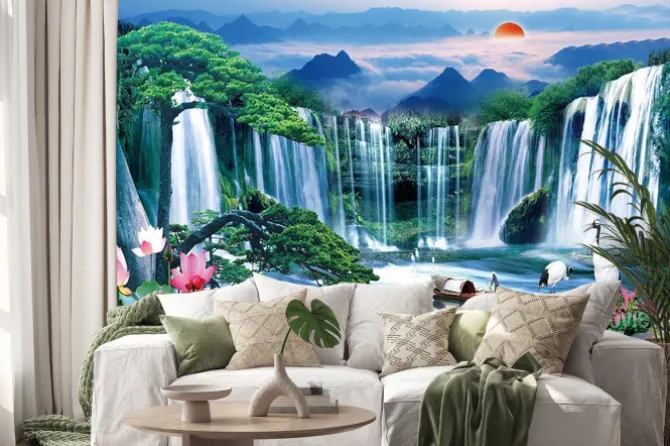 Naklejka: Abstrakcyjny wodospad z górskim krajobrazem